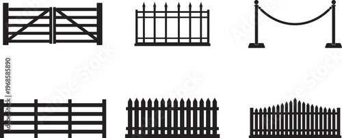 Set of Six Black Silhouette Fence and Gate Icons Including Wooden Farm Gate, Iron Spear Fence, Rope Barrier, Rail Fence, Picket Fence