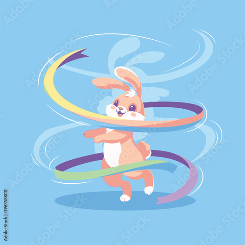 Cute cartoon rabbit performing rhythmic gymnastics with a ribbon.