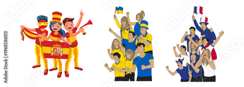 International football fans cheering with national flags, diverse crowd of sports supporters celebrating, soccer championship spectators vector set
