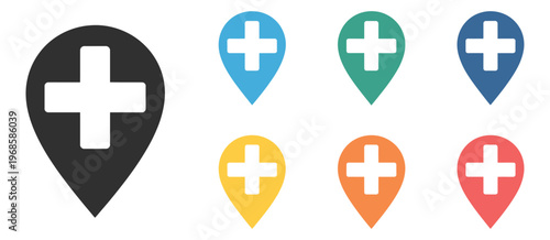 Medical cross first aid concept vector icons set, mark on the map, rank titles system, performance levels, progress indicators, achievement hierarchy, status visualization, health and emergency symbol