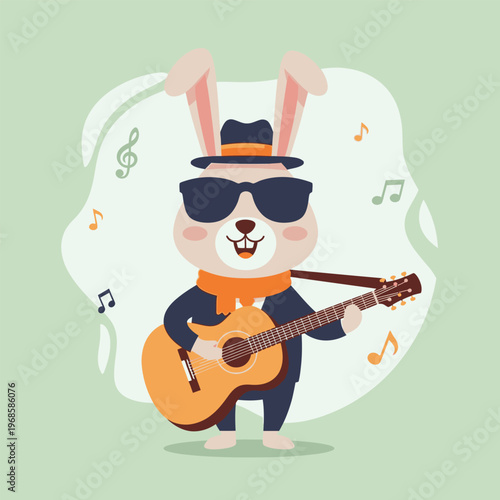 Cute cartoon rabbit playing guitar and wearing sunglasses.