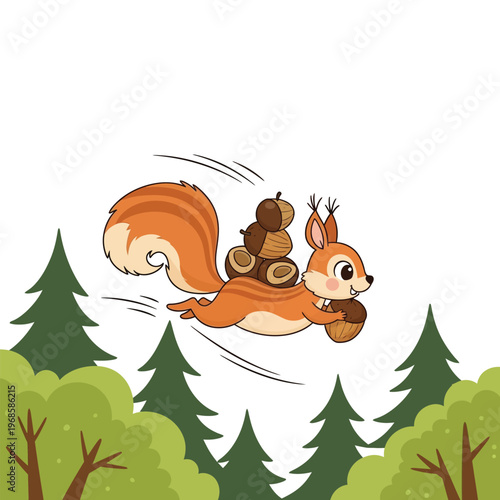 Cute cartoon squirrel flying with acorns in forest.