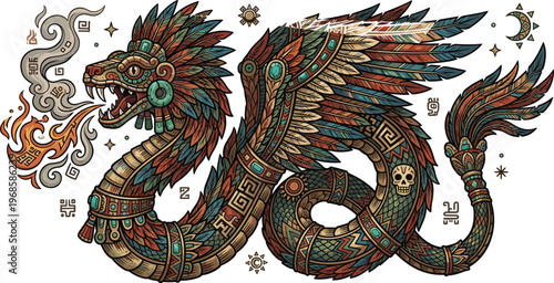 Stylized vector illustration of an Aztec Quetzalcoatl feathered serpent with traditional geometric patterns and Mesoamerican deity design.