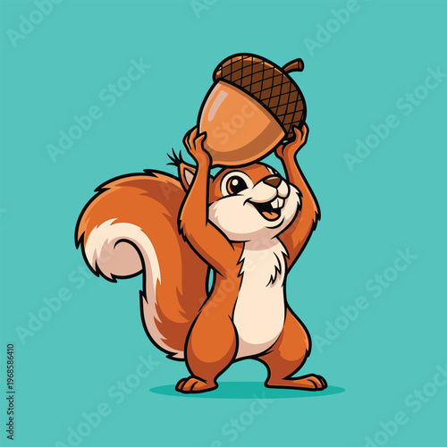 Cute cartoon squirrel holding a large acorn overhead.