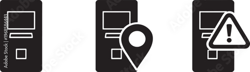 Three atm machine icons depicting status normal location and error