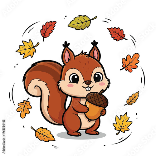 Cute cartoon squirrel holding an acorn.