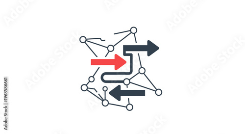 Abstract data network with connected nodes and directional arrows showing complex data flow on isolated white background.