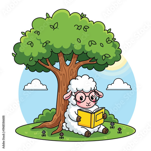 Cute cartoon sheep wearing glasses reading a book.