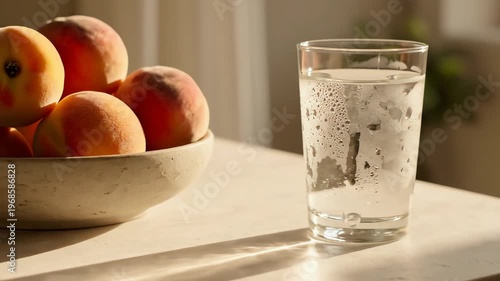 Fresh Peaches and Cold Water Glass
