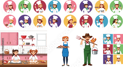 Professional Chef and Cooking Characters Illustration Set with Kitchen Scene, Baker, Farmer and Restaurant Staff Avatars Vector Collection