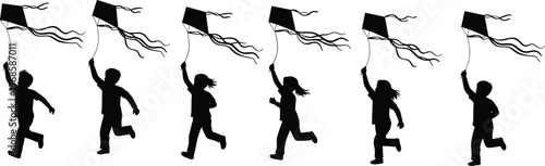 Black silhouettes of happy children running and flying kites in a row isolated on white background for summer outdoor fun and childhood design