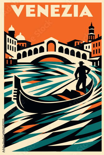 A Futurist style vector poster of Venice, Italy. Features a gondolier on the Grand Canal with the Rialto Bridge and geometric water patterns under an orange sky.