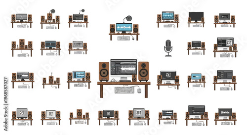 Collection of Various Computer Workstation and Audio Studio Setups Isolated White Background