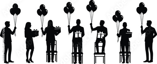Collection of black silhouettes of people celebrating birthday party holding bunch of balloons and gift boxes standing and sitting on chairs isolated on white