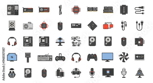 Large Collection of Gaming and Computer Hardware Flat Icons in Bright Studio