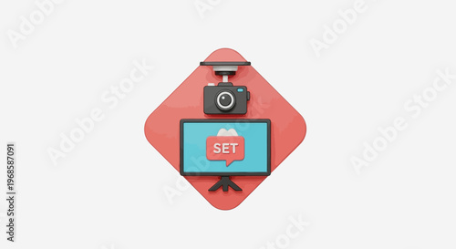 Camera and Monitor with Set Text, Production Setup Isolated White Background