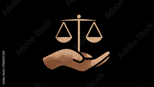 Justice, law, scales of justice, hand, gold, vector icon, symbol, illustration, legal, balance