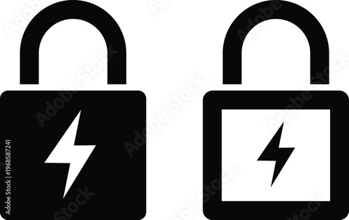 Padlock and Lightning Icon Set. Cybersecurity and fast encryption symbols. Electric lock and rapid access icon. Digital safety and lightning bolt 
