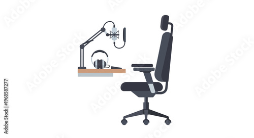 Professional Podcasting or Streaming Setup with Ergonomic Chair on Isolated White Background