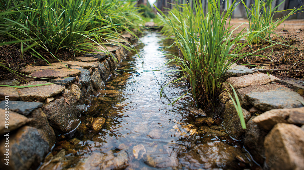 Obraz premium Serene Stream in Nature's Embrace: A tranquil stream gently flows through a picturesque landscape, its waters reflecting the clear sky above.