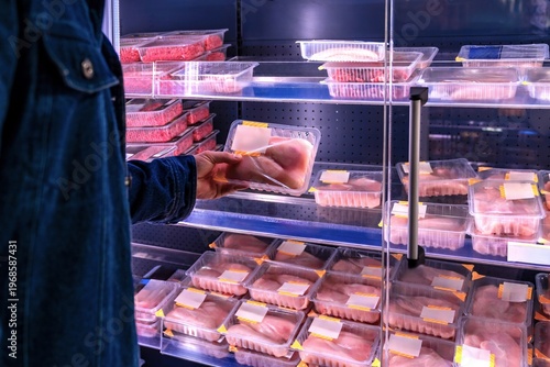 Fotografi Grocery shopper selects meat products
