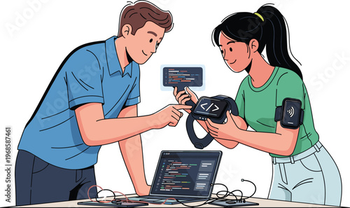 Man and woman coding together on laptop with smartwatch and smartphone