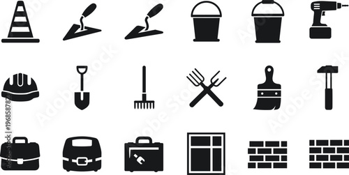 Construction and masonry tools icon set featuring trowel bucket drill helmet rake brush brick silhouette collection isolated on white background