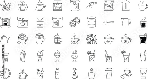 Coffee and beverage line icons set featuring espresso machines cups drinks desserts cafe elements for menu design barista tools and modern vector collection