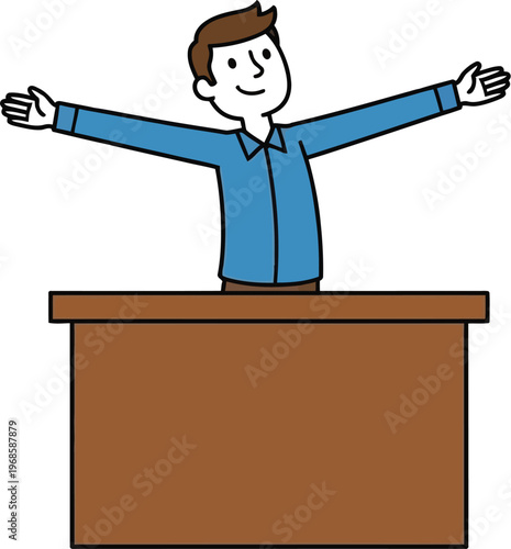 Man in blue shirt stands cheerfully behind a simple wooden desk, arms.