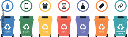 Trash containers vector illustration with sorted garbage for recycling colored bins for plastic, paper, metal, and glass waste separation concept