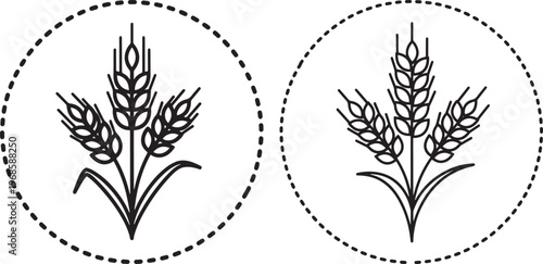 Two wheat stalk icons, dotted circle outline, food industry, whole grain, food source, plant life