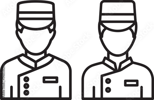 Two hotel bellhop icons, outline illustration, hotel staff, line art, check in, check out, service industry