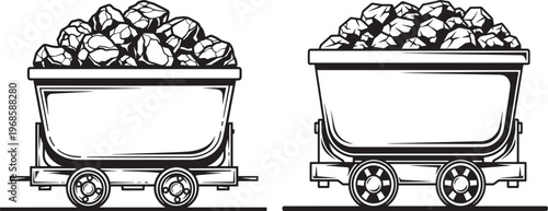 Two mining carts filled with coal with mining cart with raw material with industrial equipment