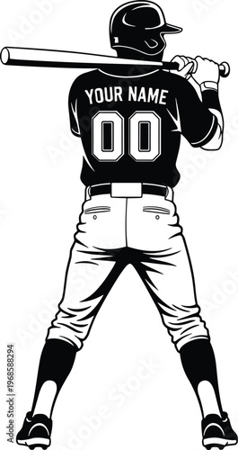 Baseball player silhouette back view holding bat customizable jersey name number sports athlete vector illustration isolated design template