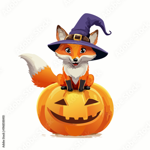 Fuchs mit Hexenhut auf Kürbis – Herbst Vektor