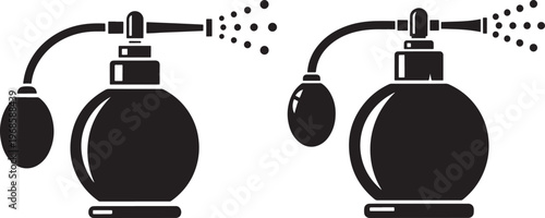 Two vintage perfume bottles spraying fragrance in silhouette with perfume bottle with black and white