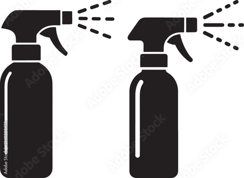Two black spray bottles with spray lines with spray bottle with cleaning supplies with black and white with plant care with pest control with hair care with surface cleaning