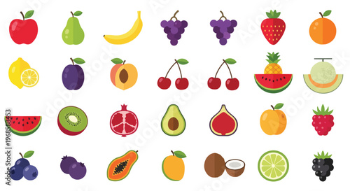 A vibrant collection of various fresh fruits illustrated in a flat design style against a clean white background.