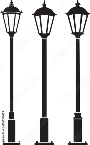 Three traditional street lamps in silhouette with street lamp with lamp post with public space with black and white with light source with street furniture