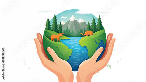 Eco friendly globe, earth protection, hands holding planet, environmental conservation, green world