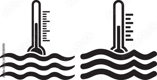 Two thermometers in wavy water, indicating temperature, black and white