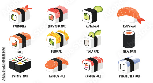 Isometric illustrations of a diverse assortment of popular Japanese sushi rolls and nigiri, including maki, futomaki, and rainbow rolls.