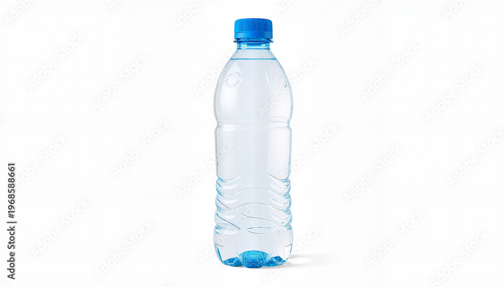 Naklejka premium Clear plastic water bottle with blue cap on white background 