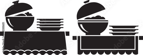 Buffet serving table with food dishes and stacks of plates, icon set, food service, food presentation, main course, buffet line, self service, food icons, plate icons, restaurant icons, catering icons