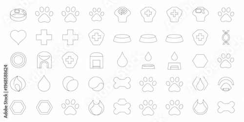 Comprehensive Collection of Minimalist Line Art Vector Icons for Pet Care and Veterinary Services, Featuring Animal Health, Wellness, and Medical Symbols