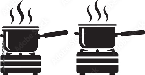 Two pots boiling on stoves with steam with white background with black and white with meal preparation