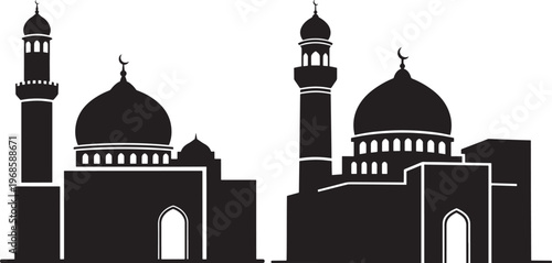 Mosque architecture with domes and minarets, silhouette icon set, religious building, place of worship, dome icon, minaret icon, islam icon, muslim icon, religion icon, culture icon, middle east