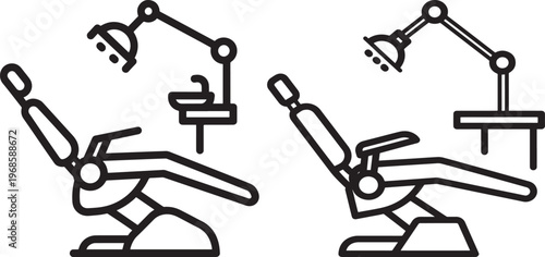Two dental chairs with adjustable lamps with dental chair with medical equipment with white background