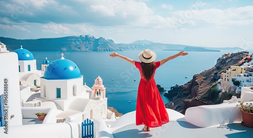 Santorini travel woman in red dress enjoying breathtaking views of iconic greek islands