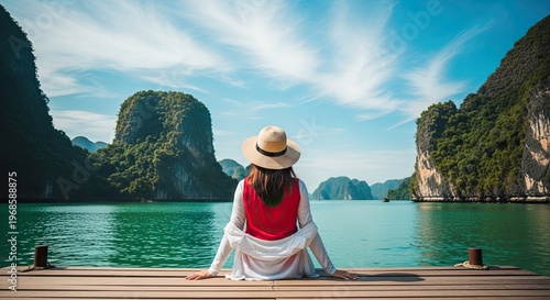 Halong bay travel woman in hat views stunning limestone karsts and emerald waters in vietnam